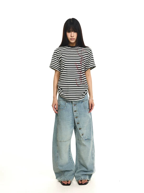 Distressed Slanted Button-Down Wide-Leg Jeans 4