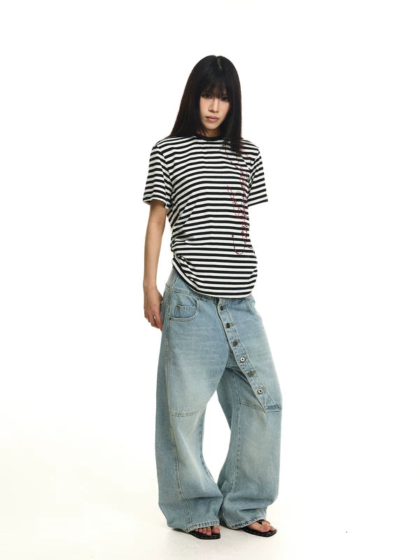 Distressed Slanted Button-Down Wide-Leg Jeans 5