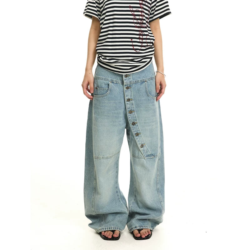 6256945138926,6256945138927,6256945138928,6256945138929,6256945138930, Distressed Slanted Button-Down Wide-Leg Jeans