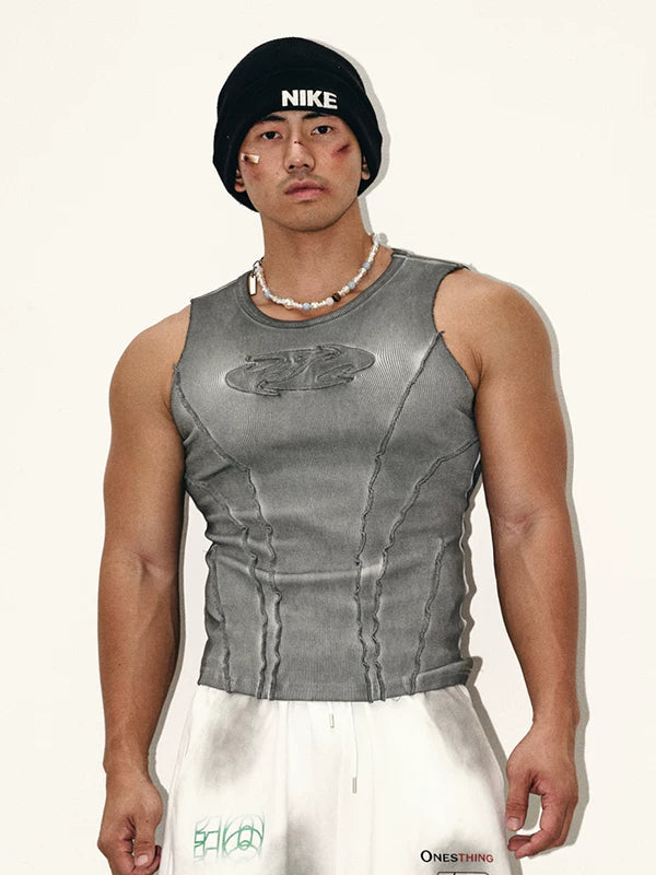 Distressed Sleeveless Vest with Exposed Stitching 1