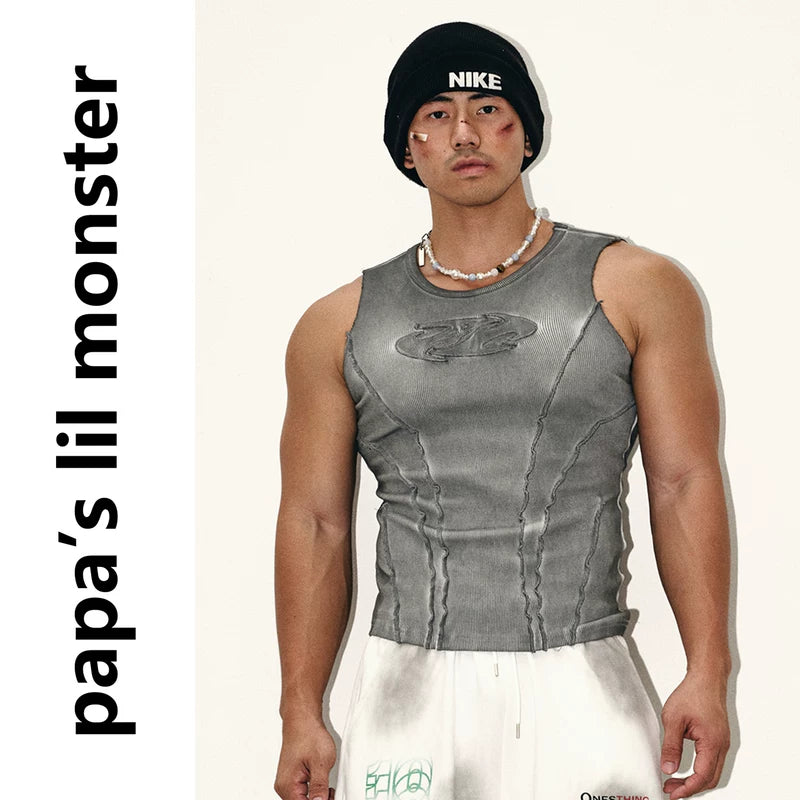 6256828442455,6256828442456, Distressed Sleeveless Vest with Exposed Stitching