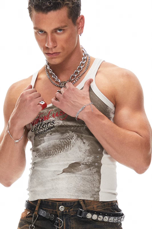 5968993758835,5788881580899,5788881580900,5788881580901, Distressed Snake Print Rivet Sleeveless Vest