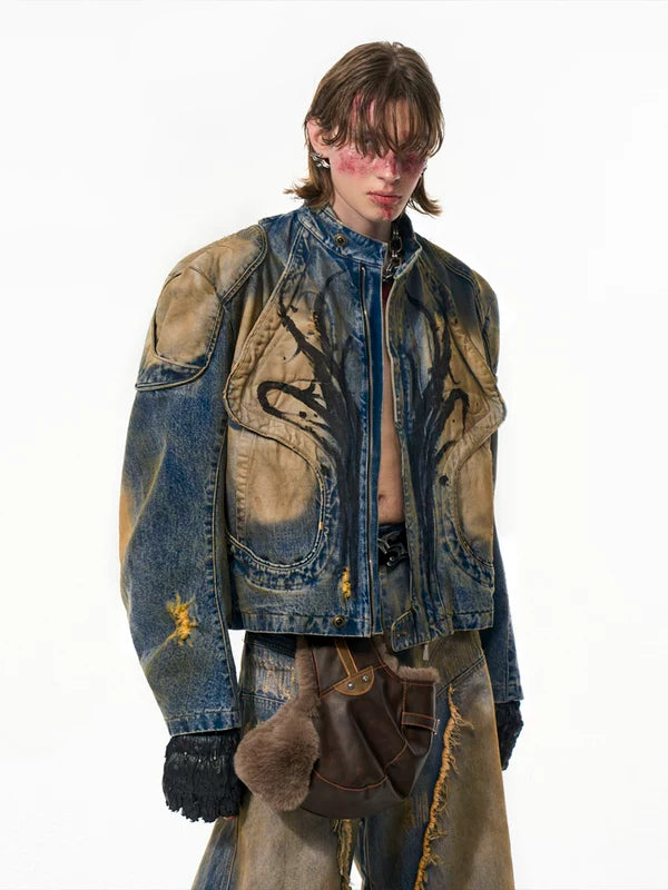 Distressed Stand-Collar Hand-Painted Denim Jacket 2