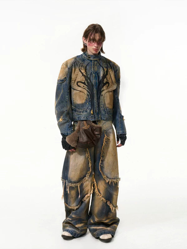 Distressed Stand-Collar Hand-Painted Denim Jacket 3