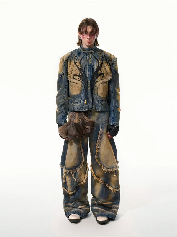 Distressed Stand-Collar Hand-Painted Denim Jacket 4