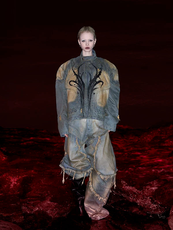 Distressed Stand-Collar Hand-Painted Denim Jacket 5