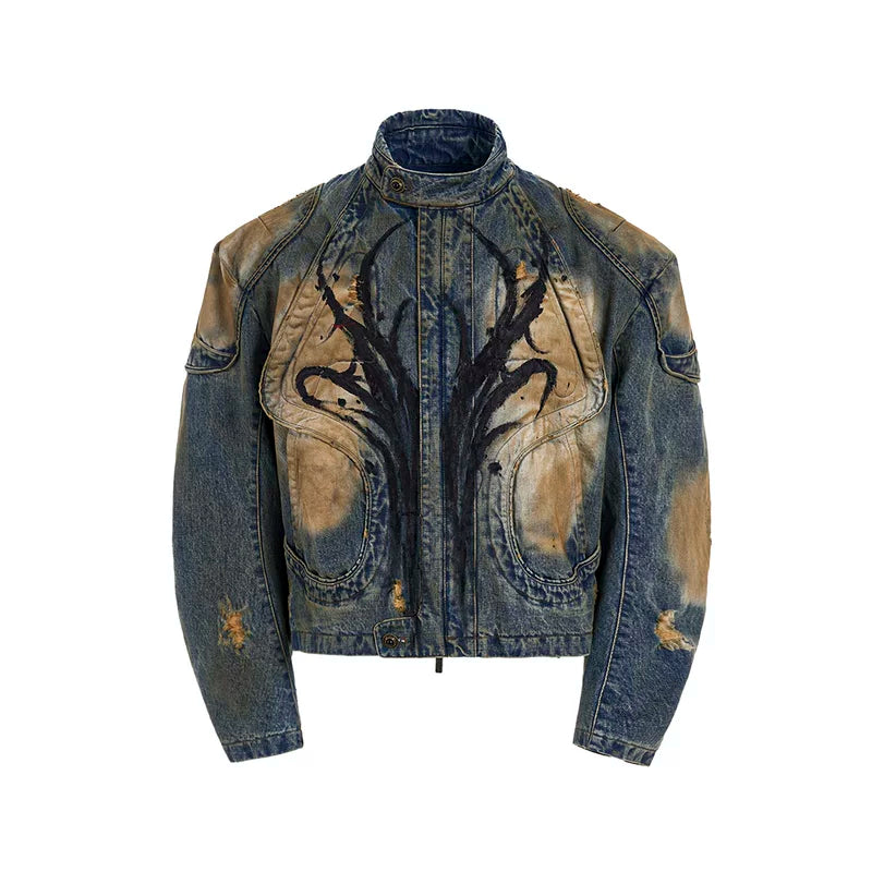 5732891781392,5732891781393,5732891781394,5732891781395, Distressed Stand-Collar Hand-Painted Denim Jacket