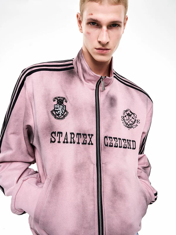 Distressed Stand Collar Stripe Track Jacket 2