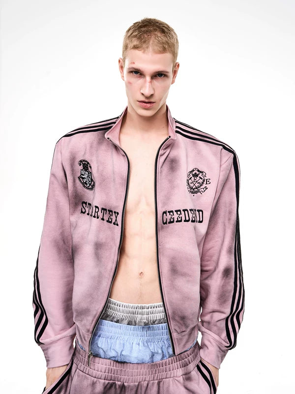 Distressed Stand Collar Stripe Track Jacket 3