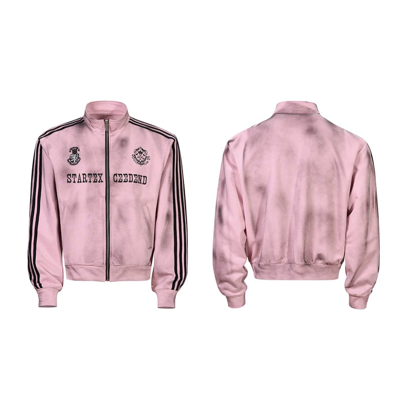 6106822034329,6106822034330,6106822034331,6106822034332, Distressed Stand Collar Stripe Track Jacket