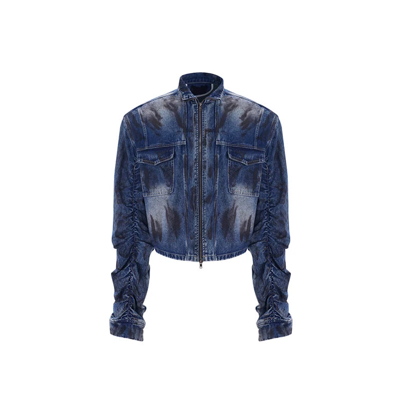 5687912022732,5687912022733,5687912022734,5687912022735,5687912022736, Distressed Stand-Up Collar Denim Jacket