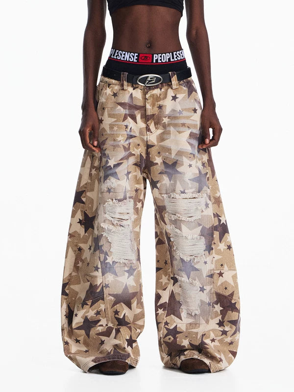 Distressed Star Print Baggy Jeans Pants 1