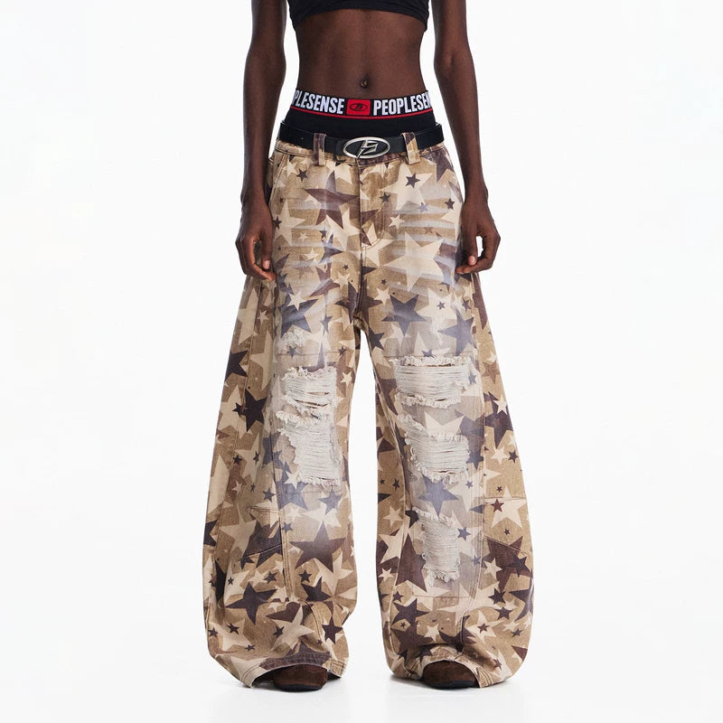6117911462677,6117911462678,6117911462679,6117911462680,6117911462681, Distressed Star Print Baggy Jeans Pants