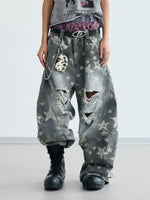 Distressed Star Print Wide-Leg Ripped Pants 1