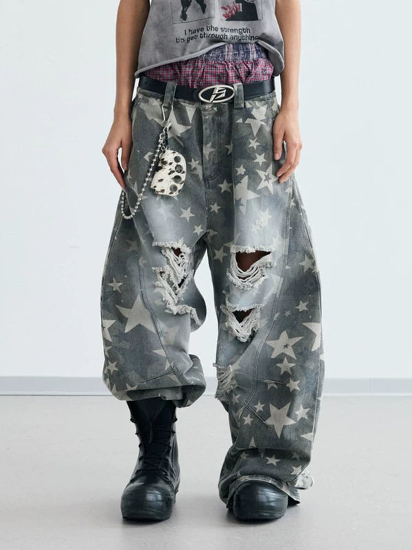 Distressed Star Print Wide-Leg Ripped Pants 1