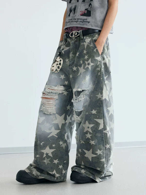 Distressed Star Print Wide-Leg Ripped Pants 2