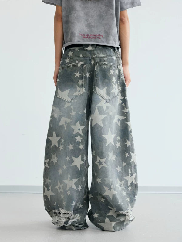 Distressed Star Print Wide-Leg Ripped Pants 3
