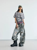 Distressed Star Print Wide-Leg Ripped Pants 5