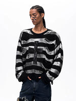 Distressed Striped Cross-Panel Knit Sweater 2