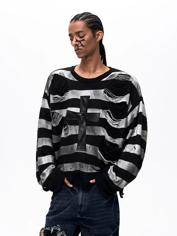 Distressed Striped Cross-Panel Knit Sweater 2