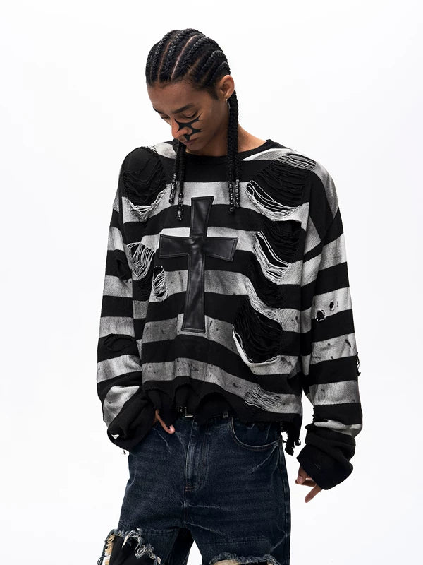 Distressed Striped Cross-Panel Knit Sweater 3