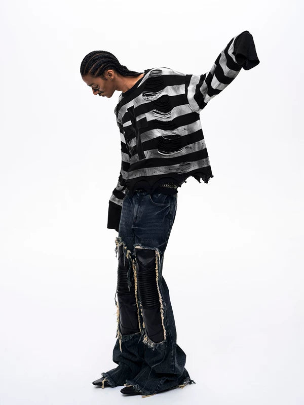 Distressed Striped Cross-Panel Knit Sweater 4