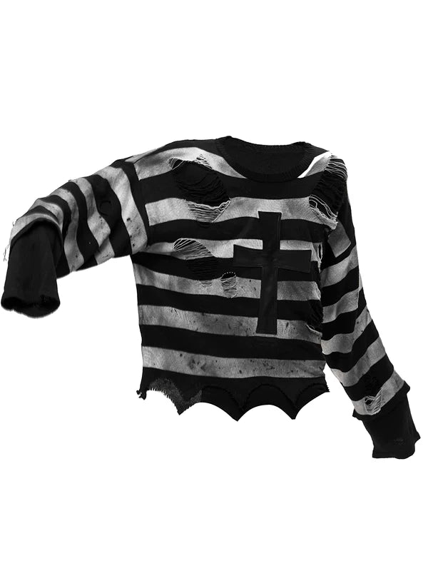 Distressed Striped Cross-Panel Knit Sweater 5