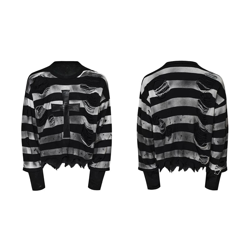 6208124346682,6208124346683,6208124346684, Distressed Striped Cross-Panel Knit Sweater