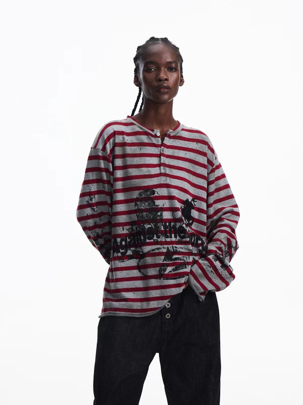 Distressed Striped Graphic Long Sleeve T-Shirt 1