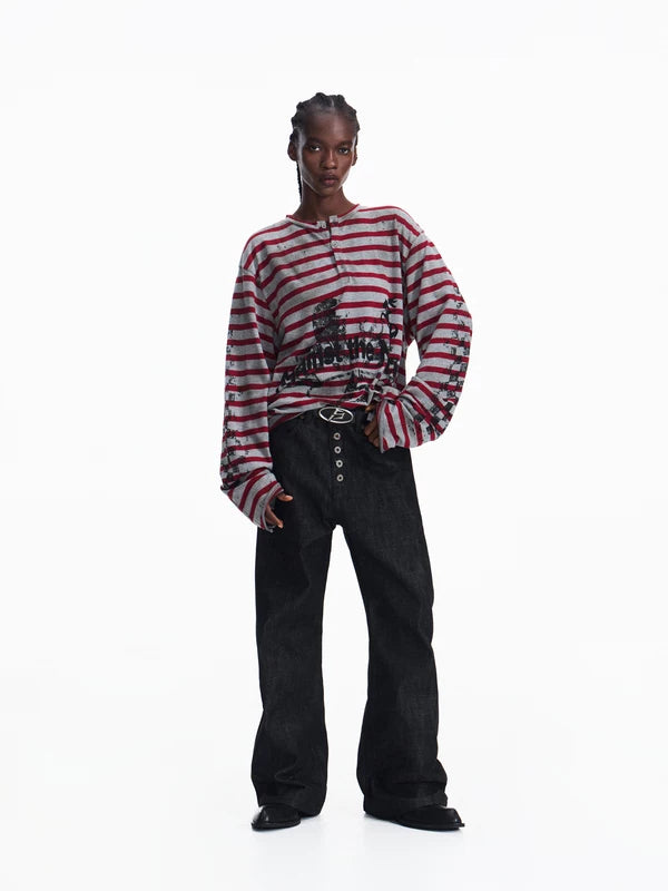 Distressed Striped Graphic Long Sleeve T-Shirt 5