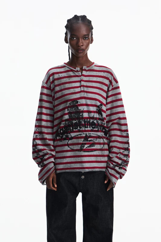 5935232944717,5935232944718,5935232944719, Distressed Striped Graphic Long Sleeve T-Shirt