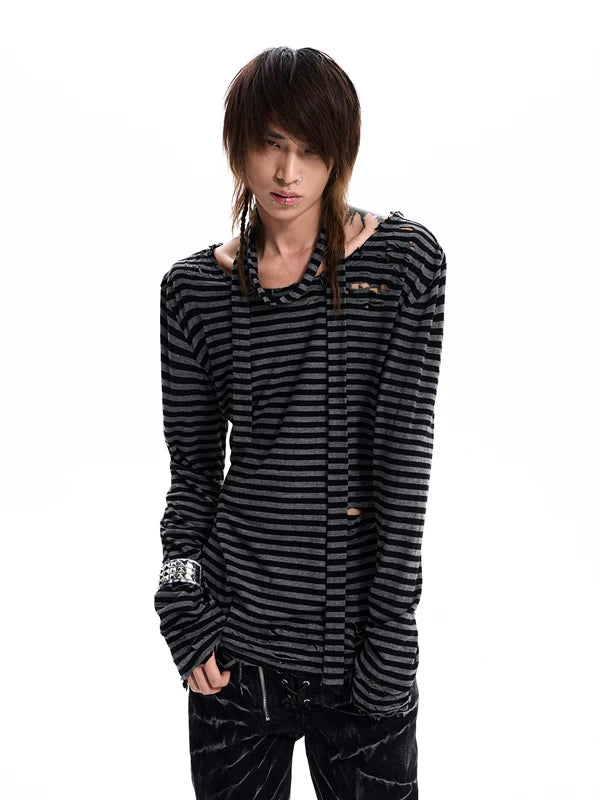 Distressed Striped Slim Fit Long-Sleeve Shirt 1
