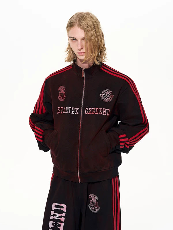 Distressed Striped Stand Collar Track Jacket 2