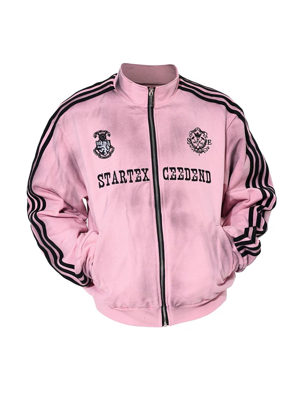 Distressed Striped Stand Collar Track Jacket 5