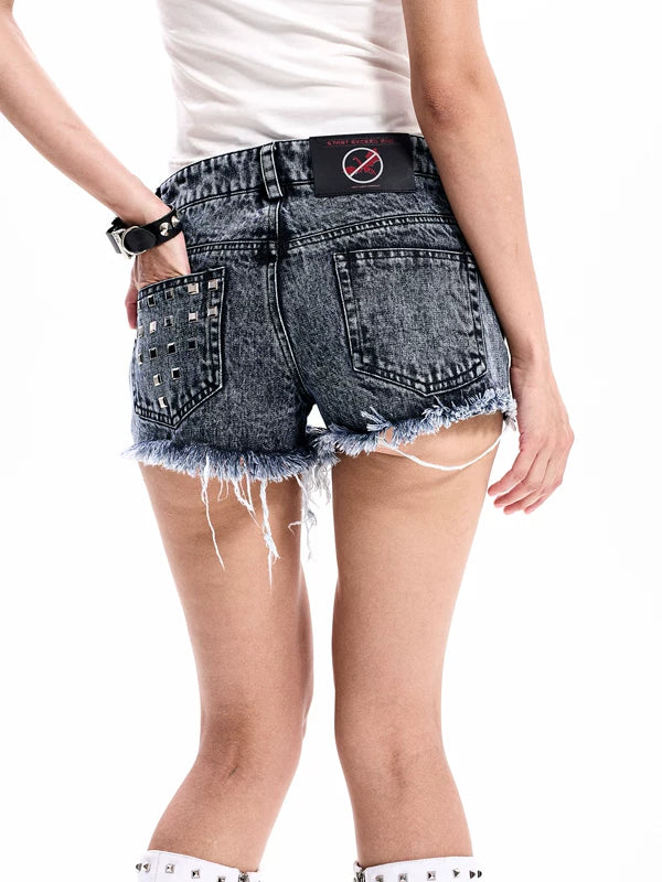 Distressed Studded Frayed Denim Shorts 3