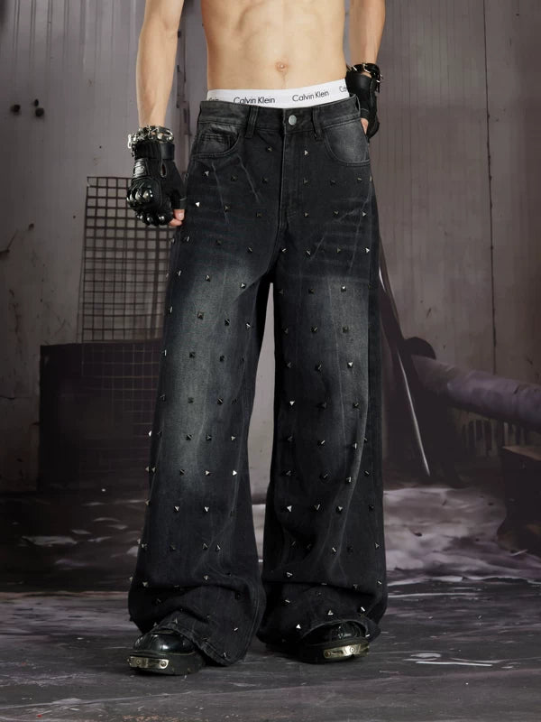 Distressed Studded Loose Straight Leg Jeans 4