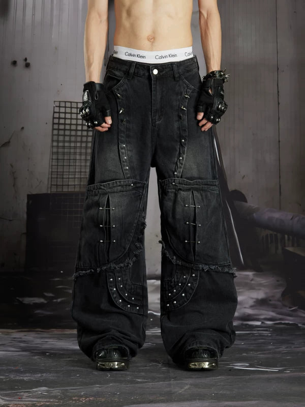 Distressed Studded Loose Straight Leg Pants 1