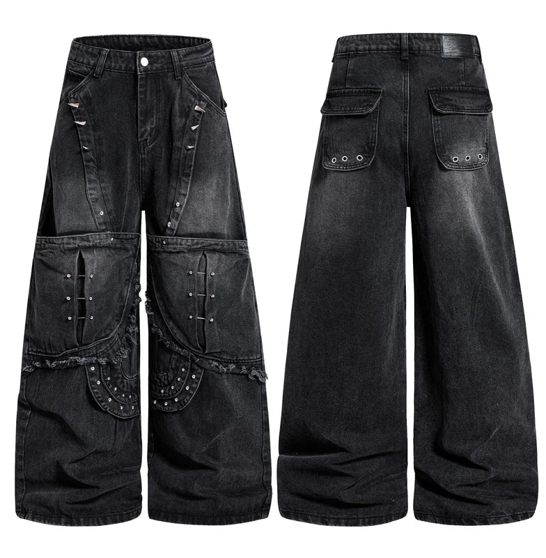 6260235834213,6260235834214,6260235834215,6260235834216,6260235834217, Distressed Studded Loose Straight Leg Pants