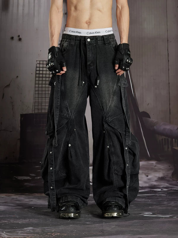 Distressed Studded Wide-Leg Denim Pants 1