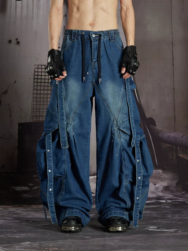 Distressed Studded Wide-Leg Denim Pants 2