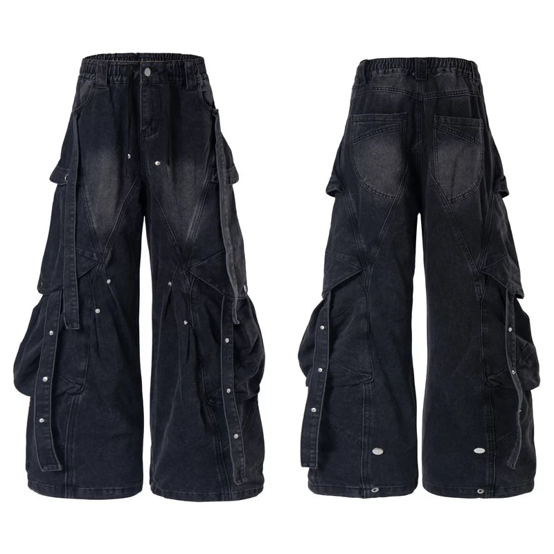 6101449905889,6101449905890,6101449905891,6101449905892, Distressed Studded Wide-Leg Denim Pants
