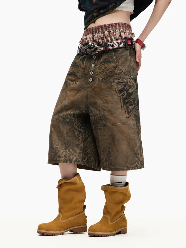 Distressed Tiger Print Wide-Leg Capri Pants 3