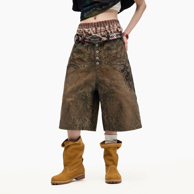 6098740273827,6098740273828,6098740273829,6098740273830, Distressed Tiger Print Wide-Leg Capri Pants
