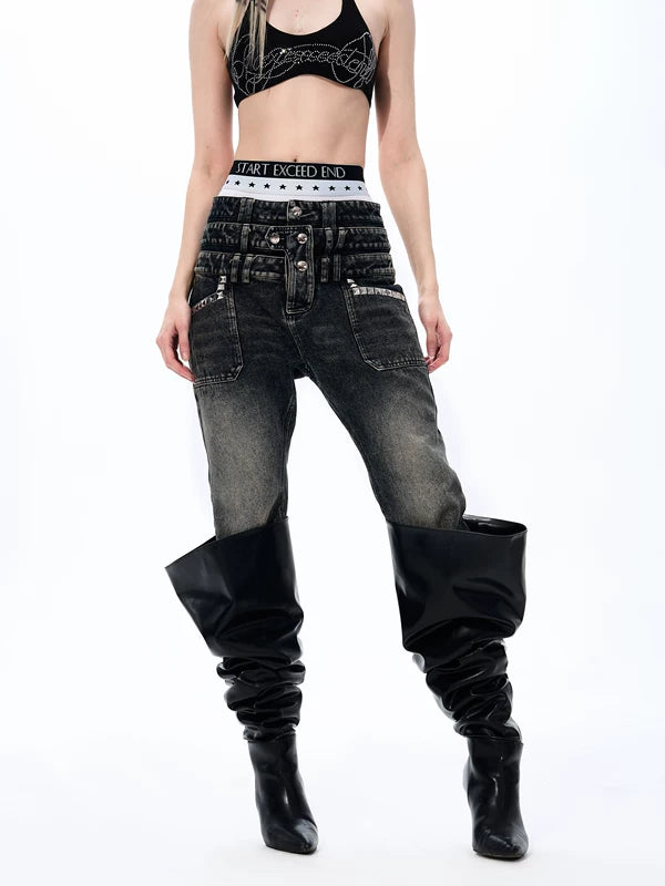 Distressed Triple-Waisted Straight Leg Jeans 2