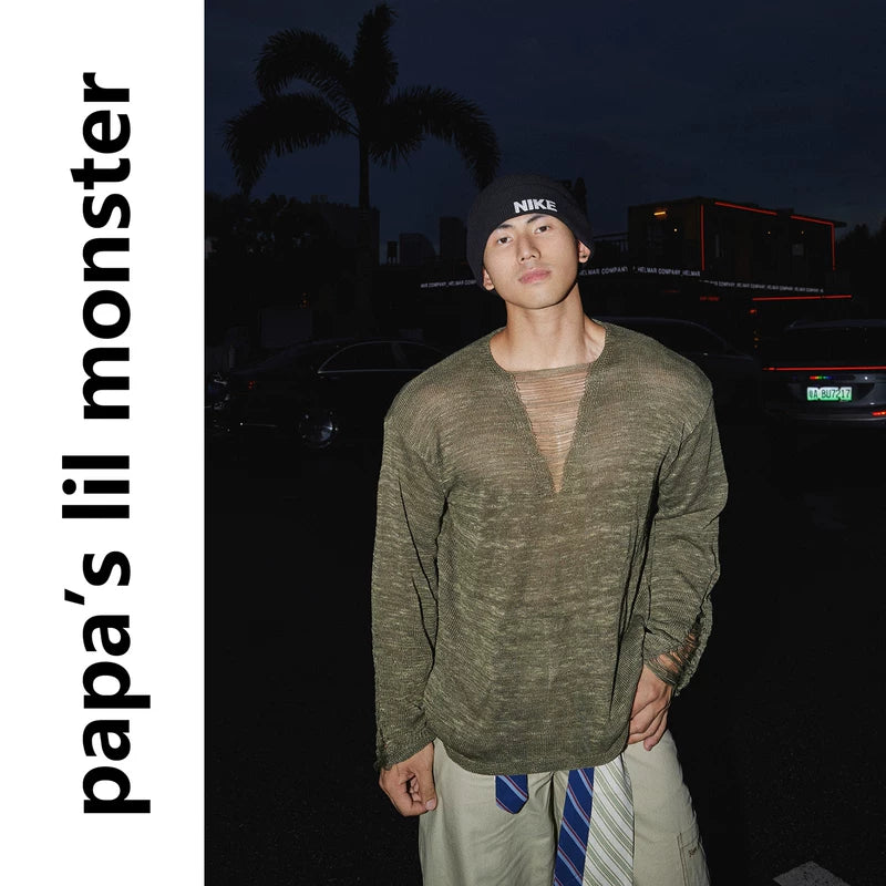 6089015259586,6089015259587,6089015259588, Distressed V-Neck Long-Sleeve Knit Sweater