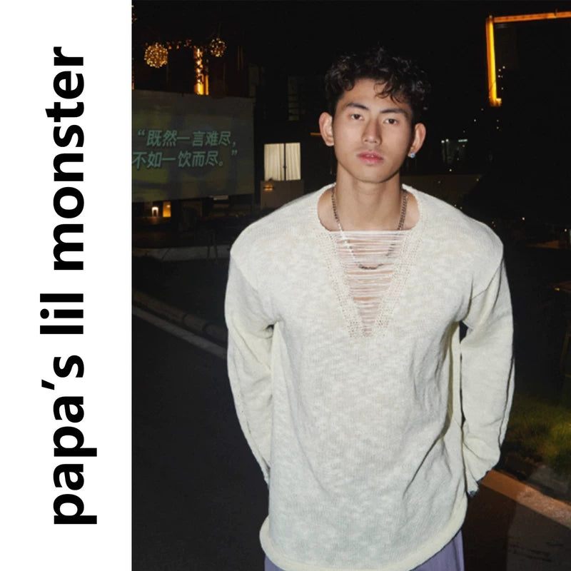 6089015259589,6089015259590,6089015259591, Distressed V-Neck Long-Sleeve Knit Sweater