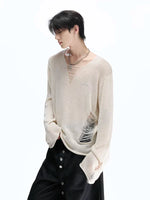 Distressed V-Neck Long Sleeve Knitted Sweater 1