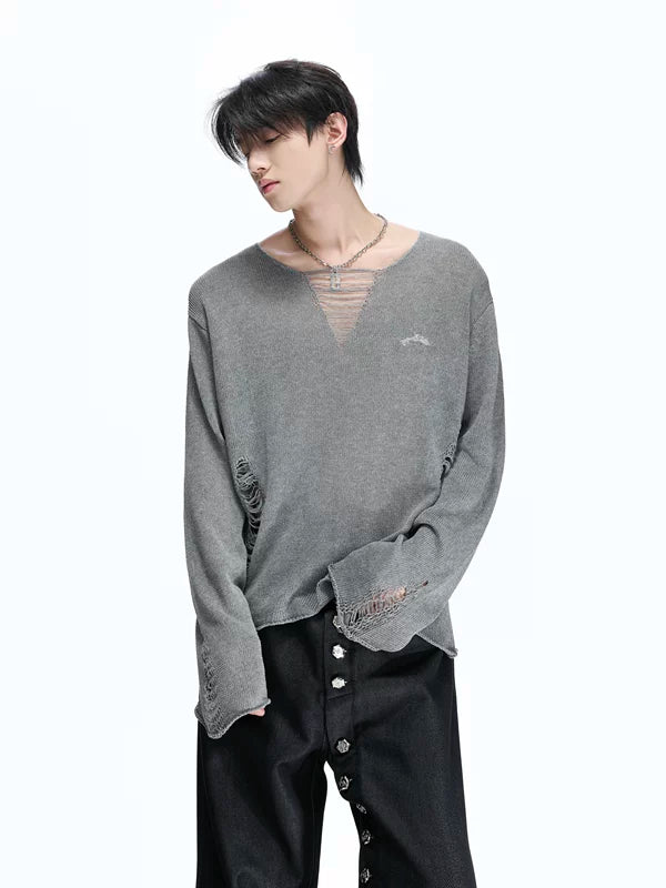 Distressed V-Neck Long Sleeve Knitted Sweater 2