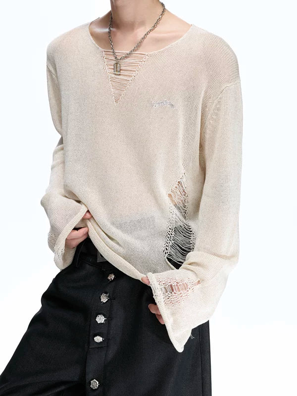 Distressed V-Neck Long Sleeve Knitted Sweater 3
