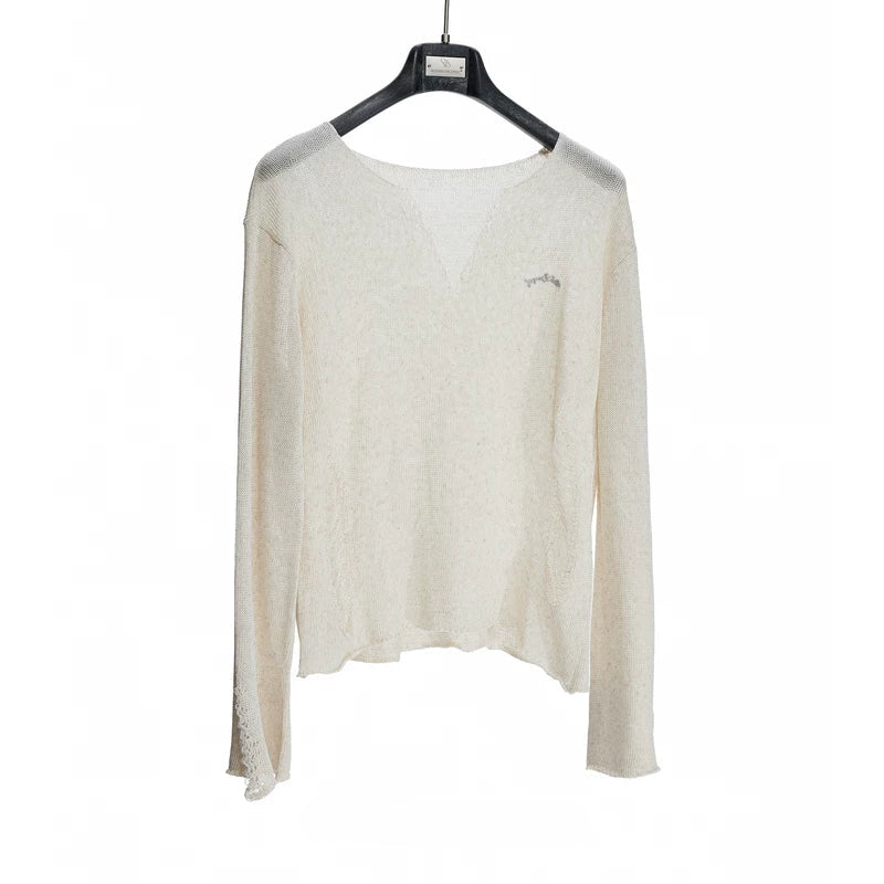 6124478913805,6124478913806,6124478913807, Distressed V-Neck Long Sleeve Knitted Sweater